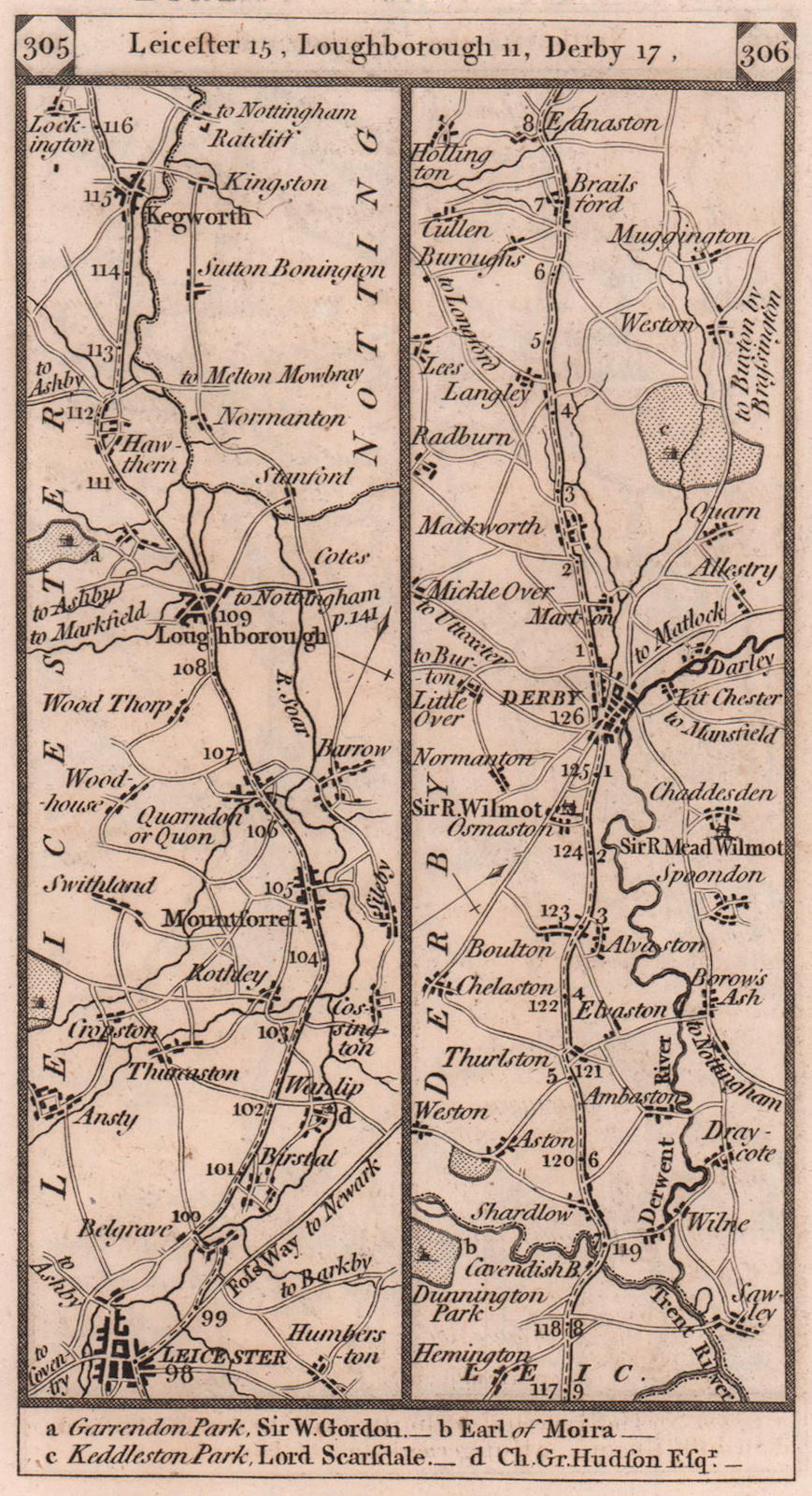 Leicester-Loughborough-Kegworth-Derby-Mackworth road strip map PATERSON 1803